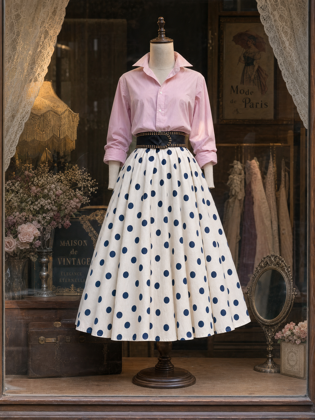 Vintage Polka Dot Printed Elastic Waist Umbrella Midi Skirt