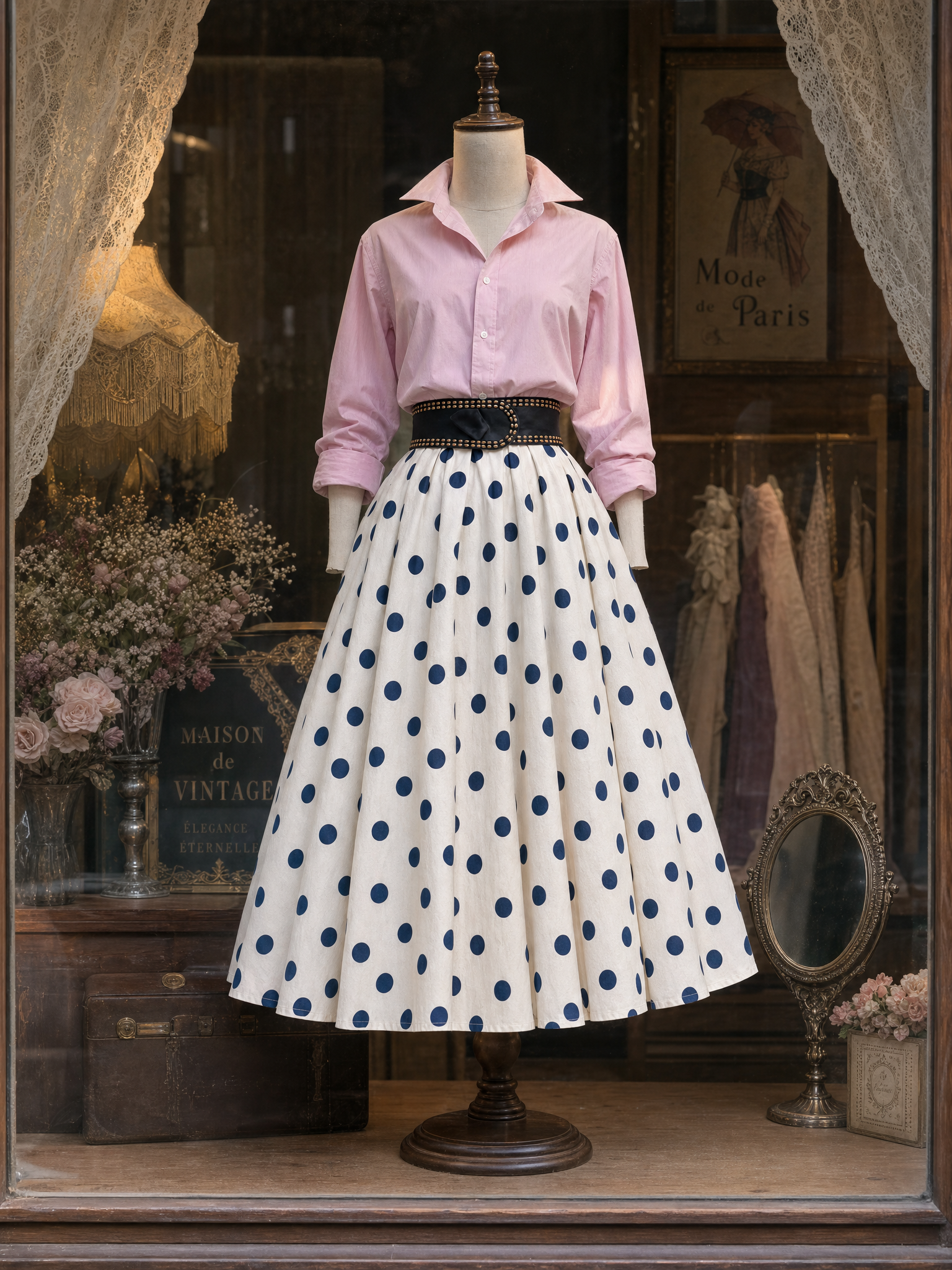 Vintage Polka Dot Printed Elastic Waist Umbrella Midi Skirt