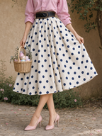 Vintage Polka Dot Printed Elastic Waist Umbrella Midi Skirt