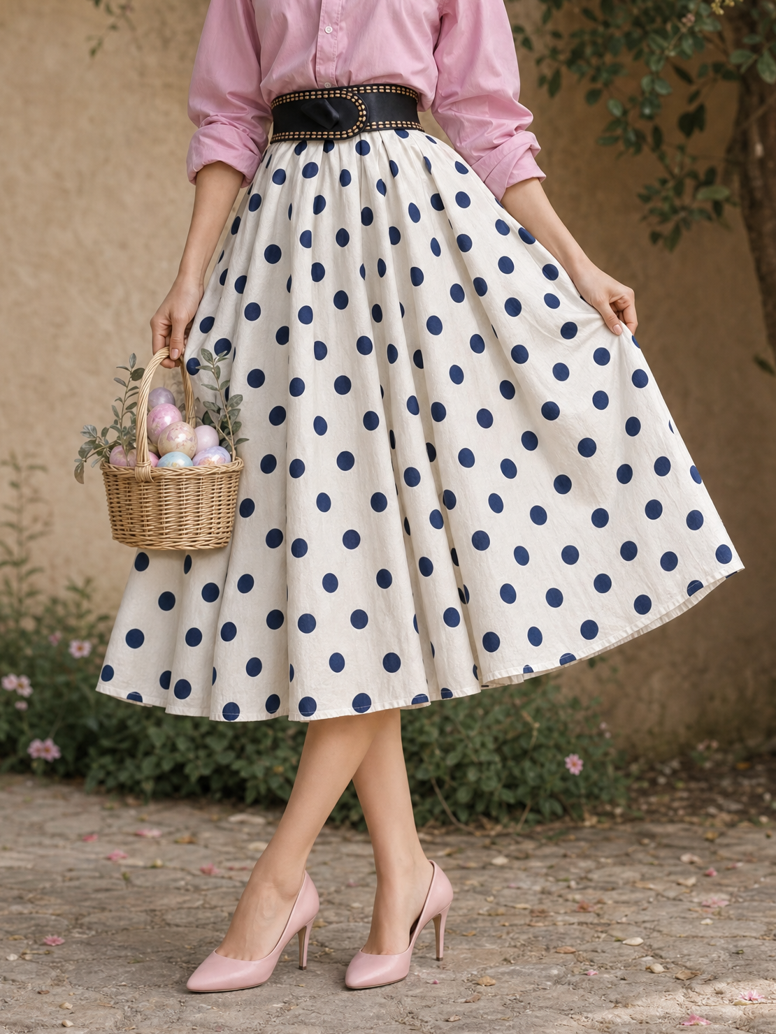Vintage Polka Dot Printed Elastic Waist Umbrella Midi Skirt