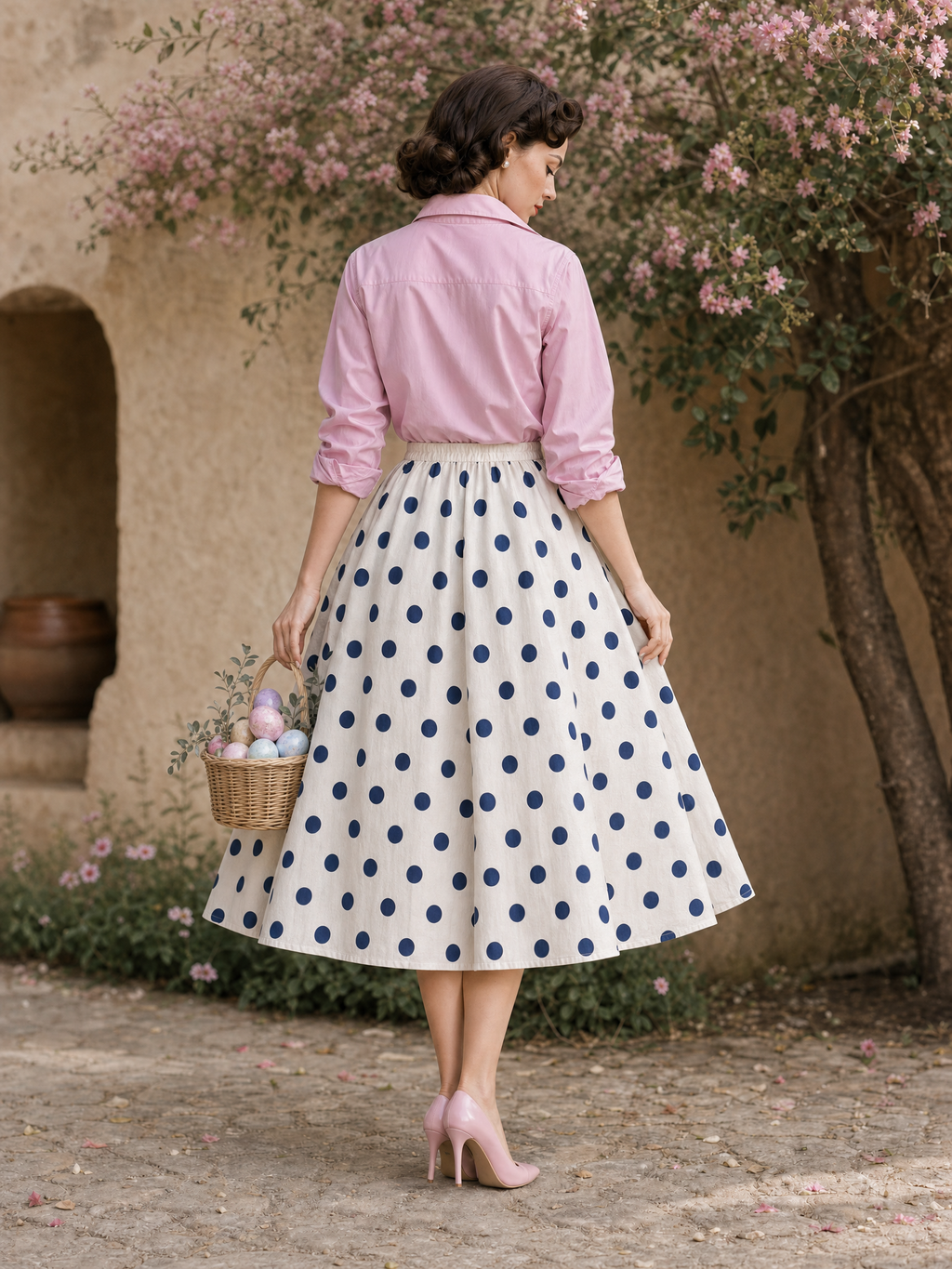 Vintage Polka Dot Printed Elastic Waist Umbrella Midi Skirt