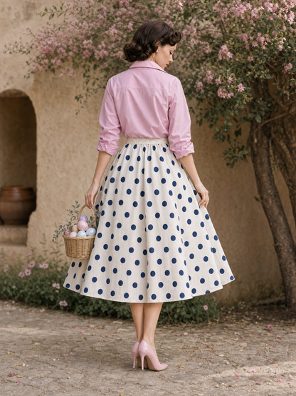 Vintage Polka Dot Printed Elastic Waist Umbrella Skirt