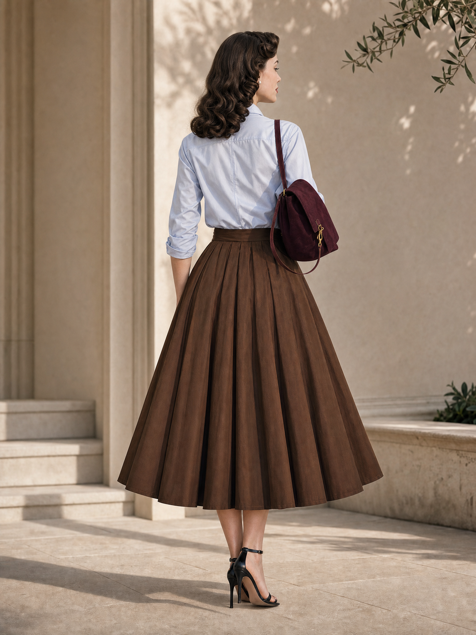 Vintage Bow Tie Waist Umbrella Midi Skirt