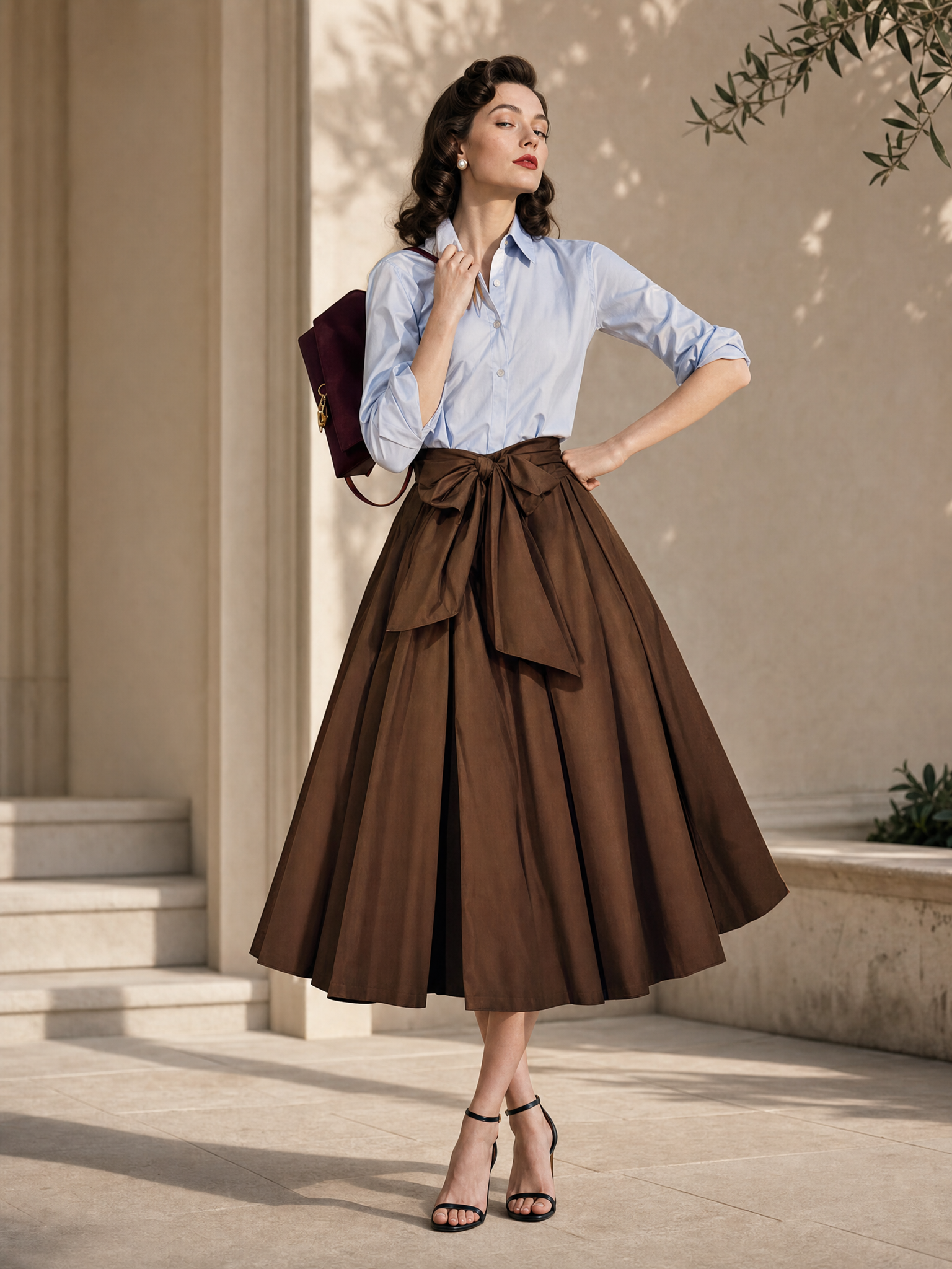 Vintage Bow Tie Waist Umbrella Midi Skirt