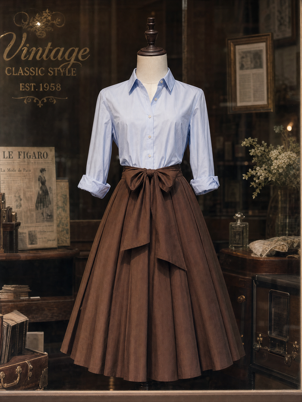 Vintage Bow Tie Waist Umbrella Midi Skirt