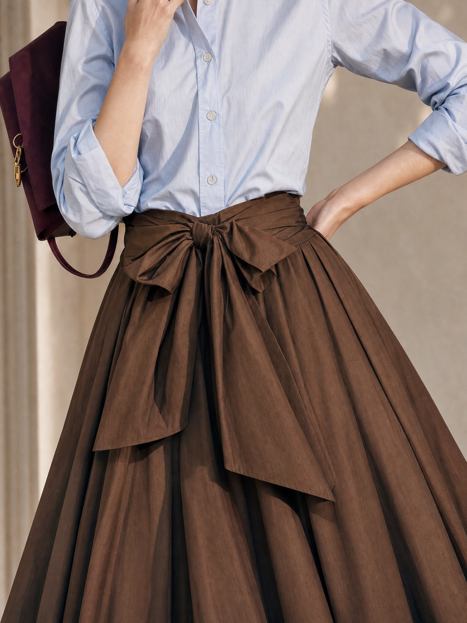Vintage Bow Tie Waist Umbrella Midi Skirt