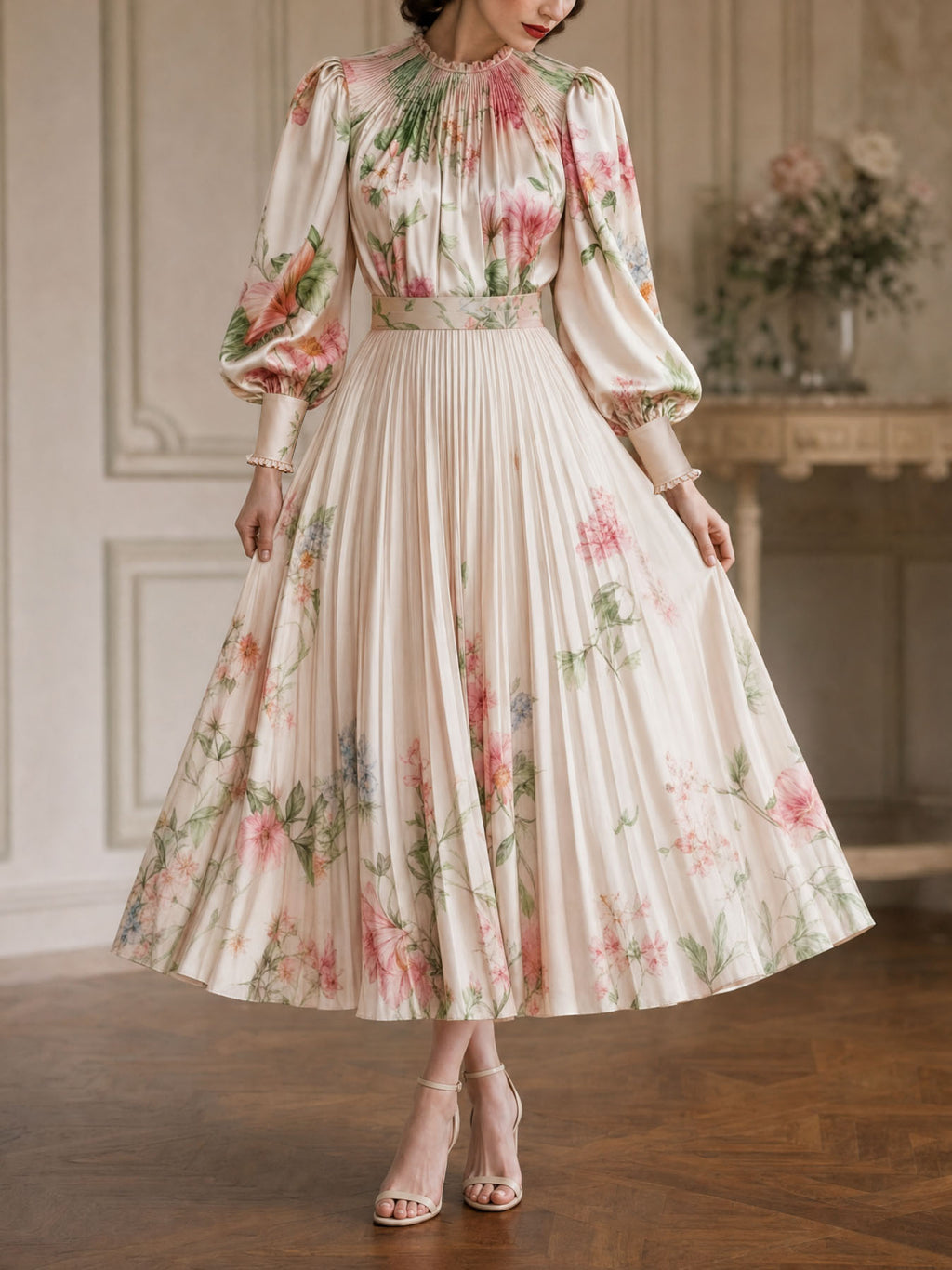 Vintage Floral Print Satin Skirt Two-Piece Set
