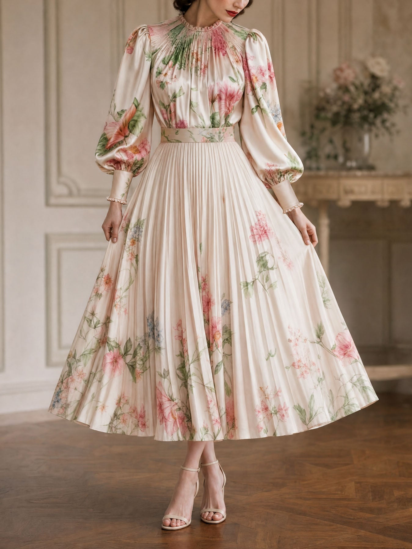 Vintage Floral Print Satin Skirt Two-Piece Set