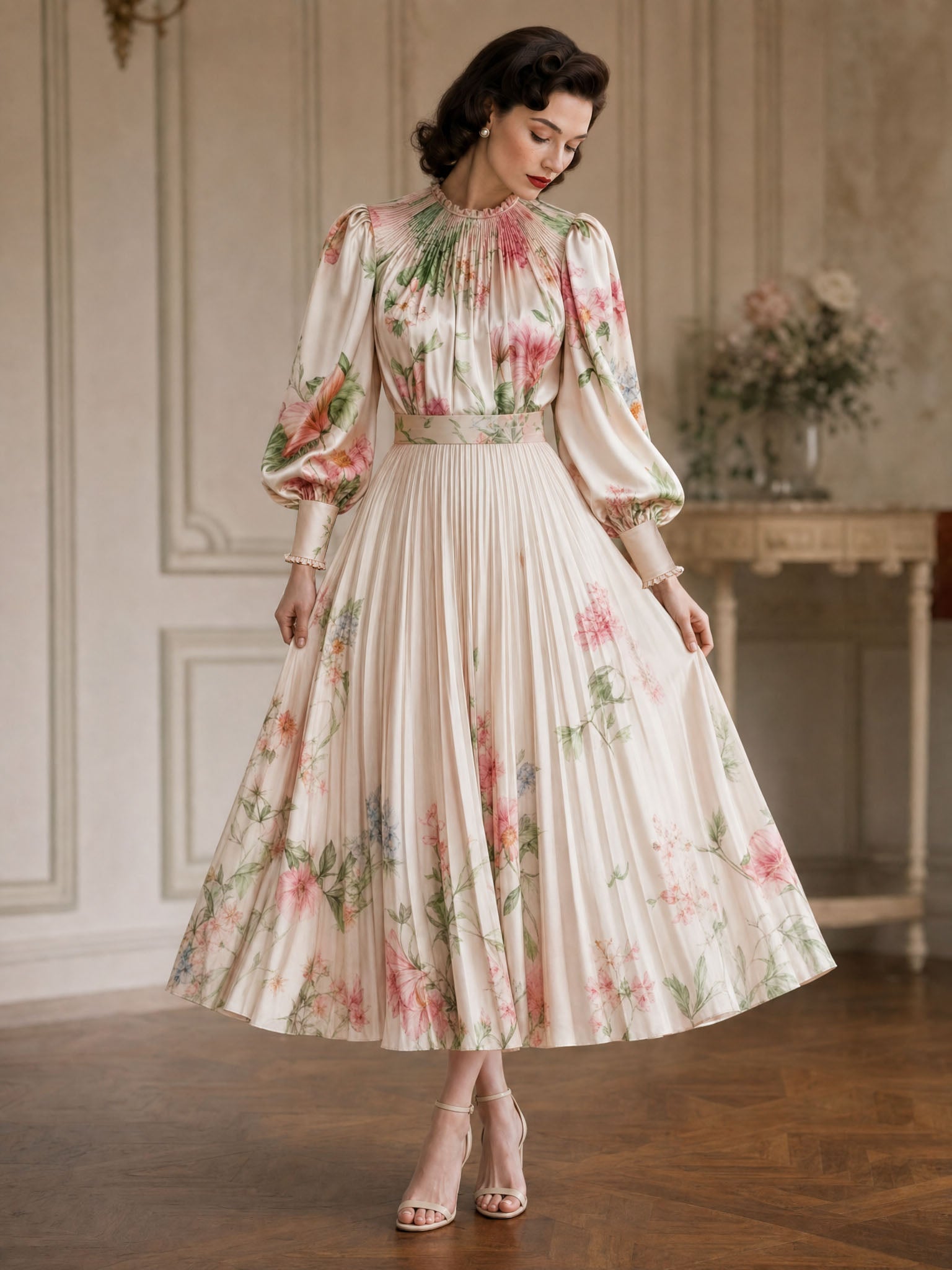 Vintage Floral Print Satin Skirt Two-Piece Set