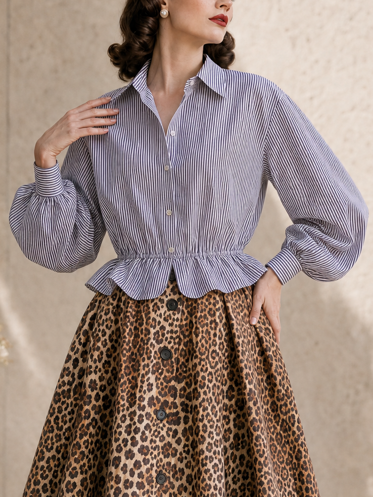 Vintage Striped Lantern Sleeves Blouse