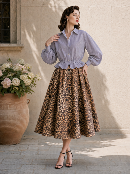 Vintage Striped Lantern Sleeves Blouse