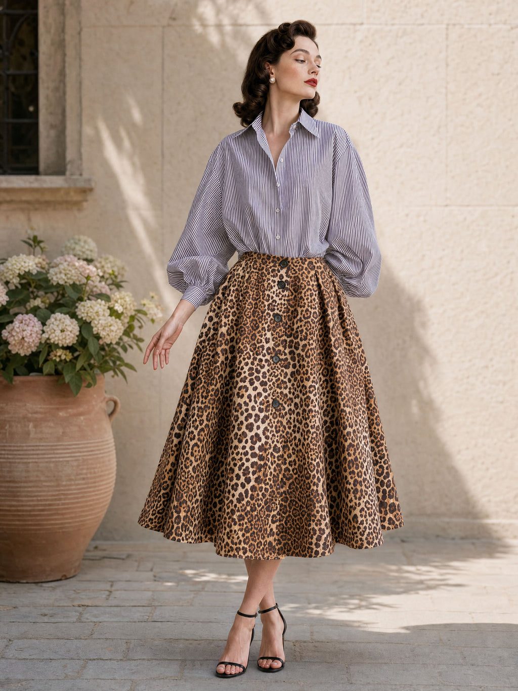 Vintage Leopard Print Umbrella Midi Skirt