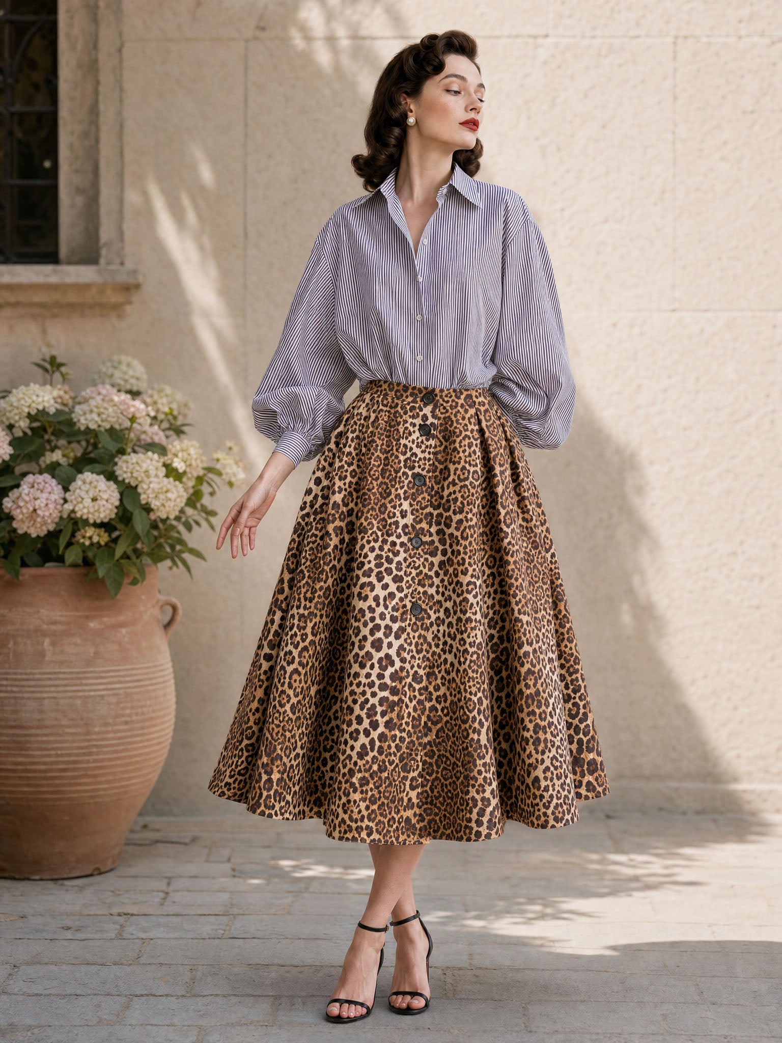 Vintage Leopard Print Umbrella Midi Skirt
