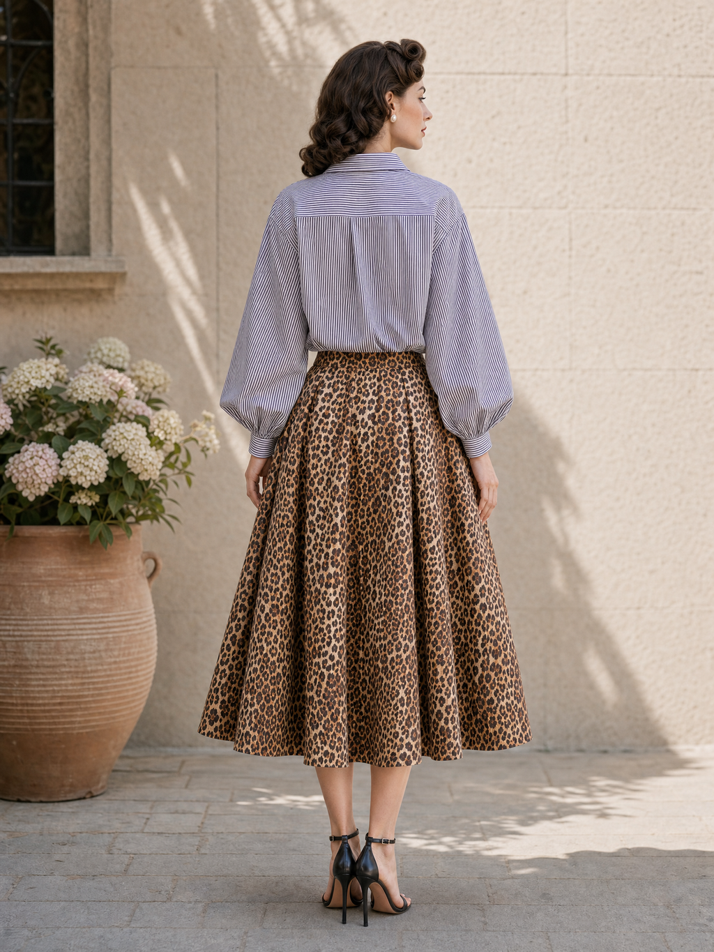Vintage Leopard Print Umbrella Midi Skirt