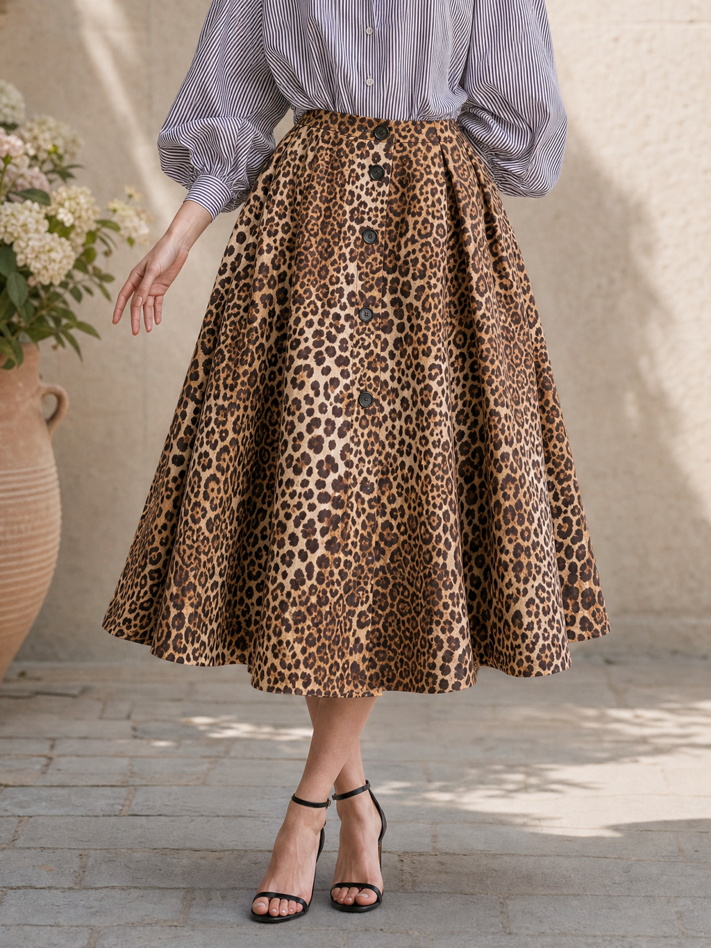 Vintage Leopard Print Umbrella Midi Skirt