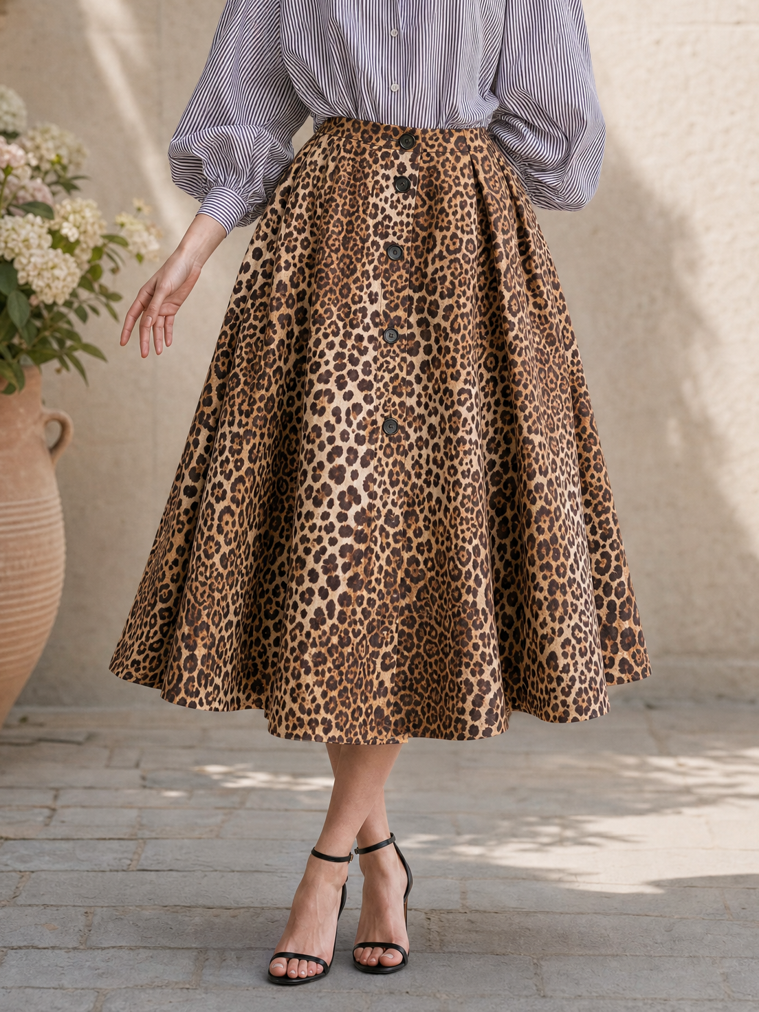 Vintage Leopard Print Umbrella Midi Skirt