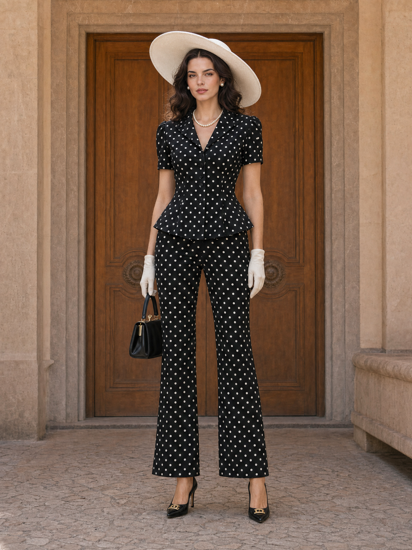 Vintage Black Polka Dot Peplum Blouse & Flare Pants Set