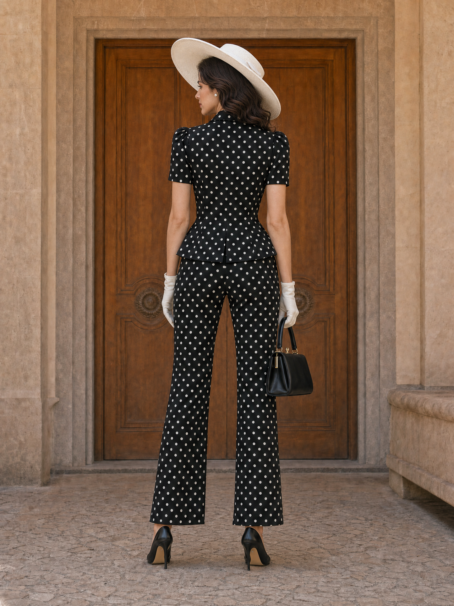 Vintage Black Polka Dot Peplum Blouse & Flare Pants Set