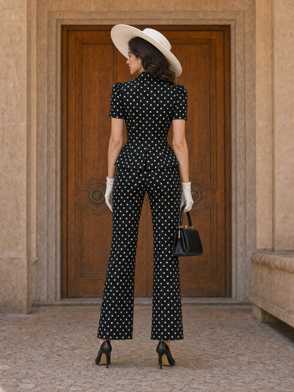 Vintage Black Polka Dot Peplum Blouse & Flare Pants Set