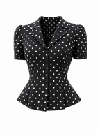 Vintage Black Polka Dot Peplum Blouse & Flare Pants Set