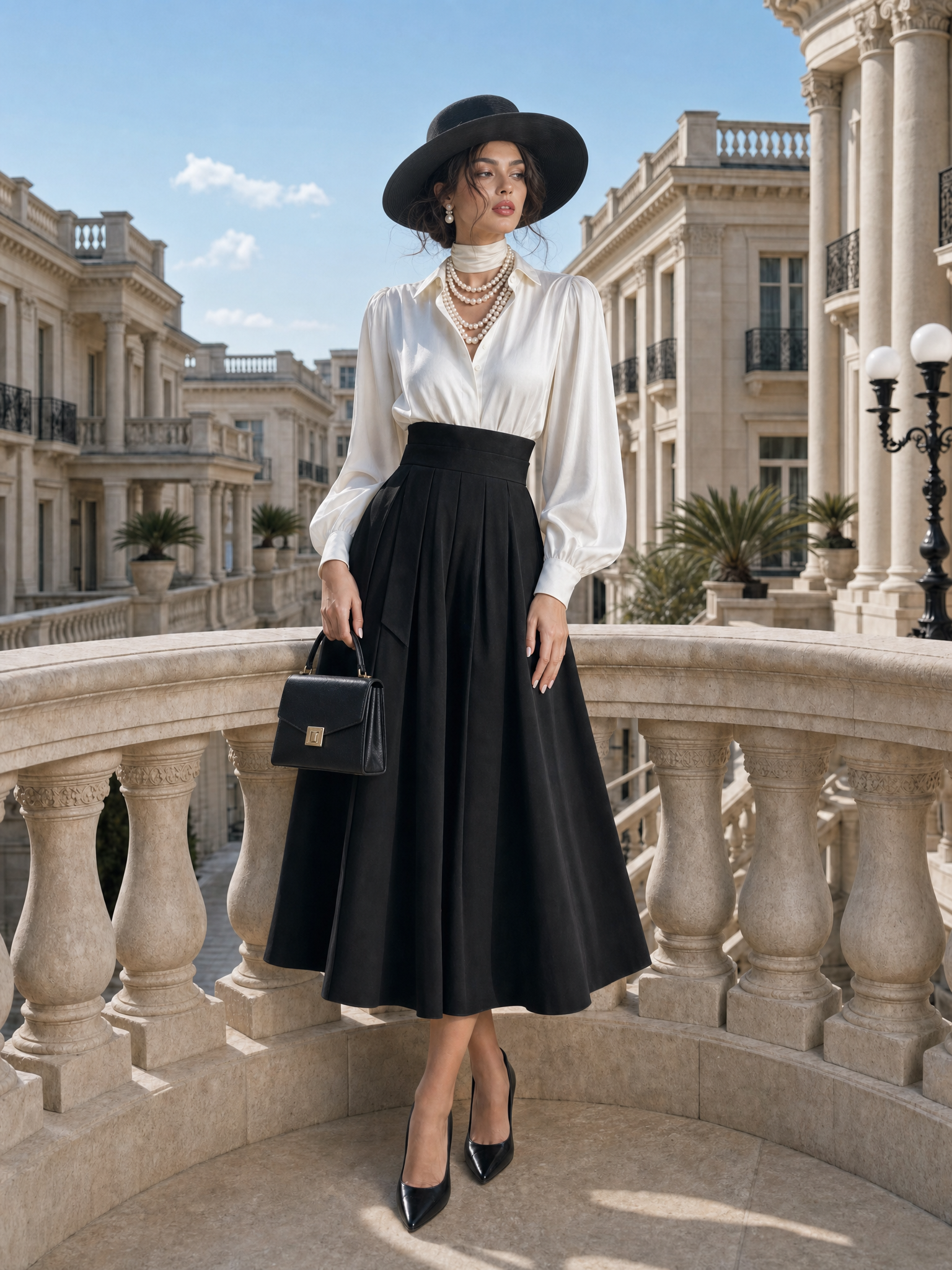 Vintage Hepburn Style Wide Waistband A-Line Midi Skirt