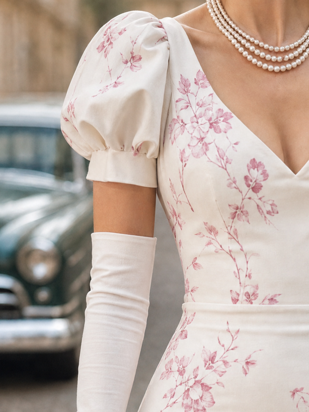 Vintage Pink Blossom Print Puff Sleeve Mermaid Bodycon Midi Dress