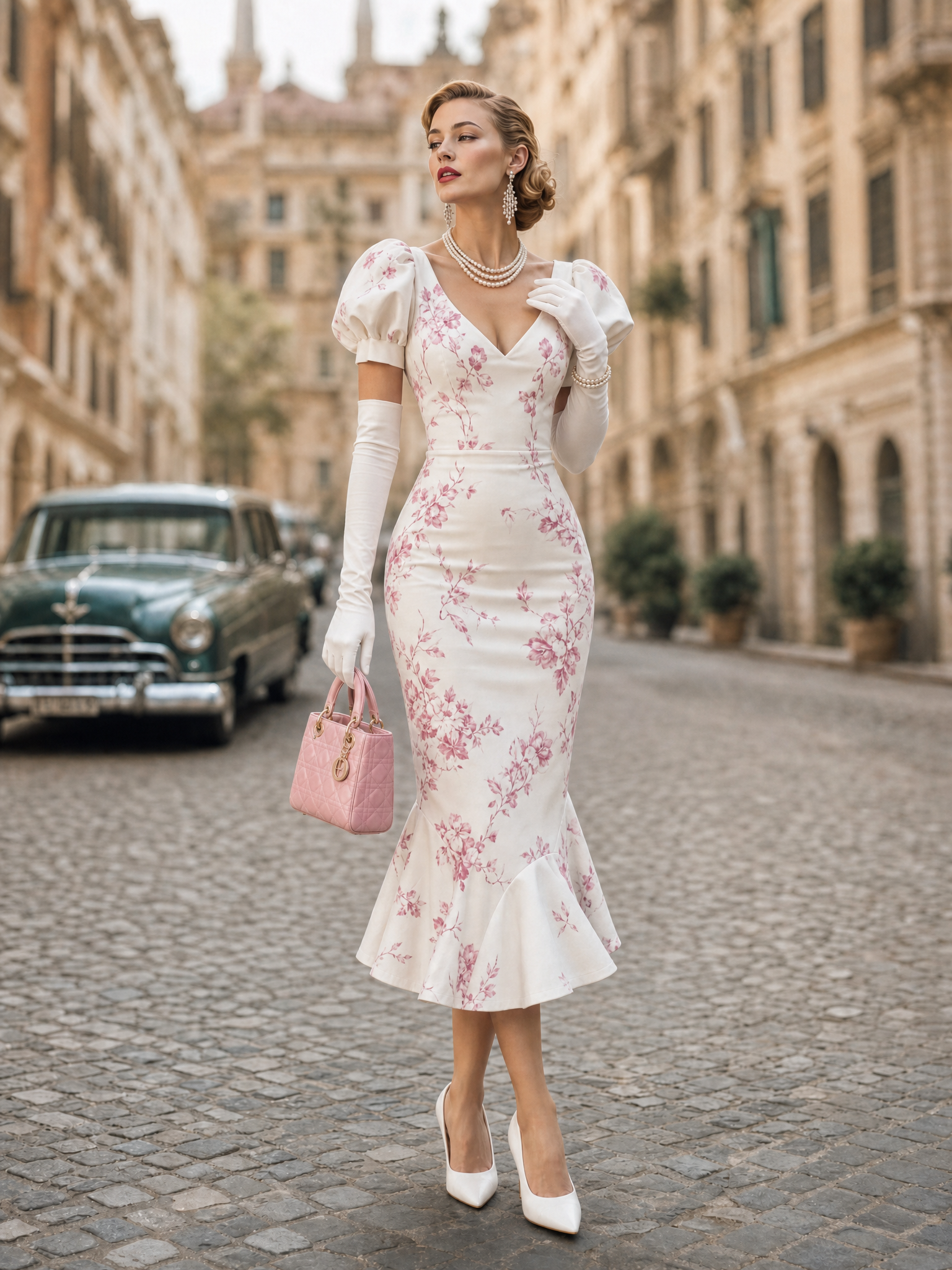 Vintage Pink Blossom Print Puff Sleeve Mermaid Bodycon Midi Dress