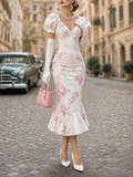 Vintage Pink Blossom Print Puff Sleeve Mermaid Bodycon Midi Dress