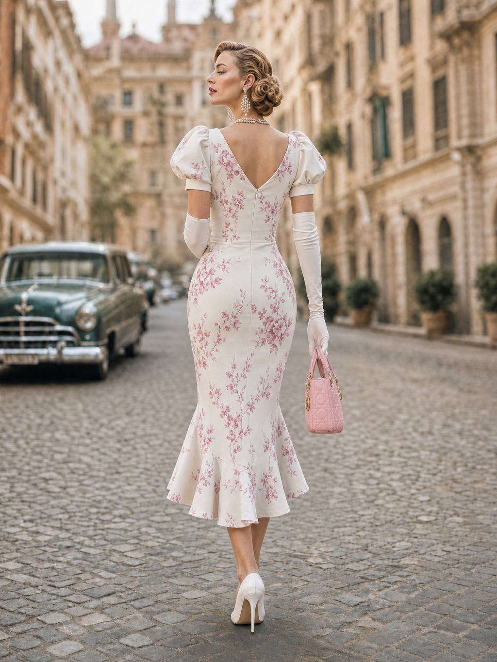 Vintage Pink Blossom Print Puff Sleeve Mermaid Bodycon Midi Dress