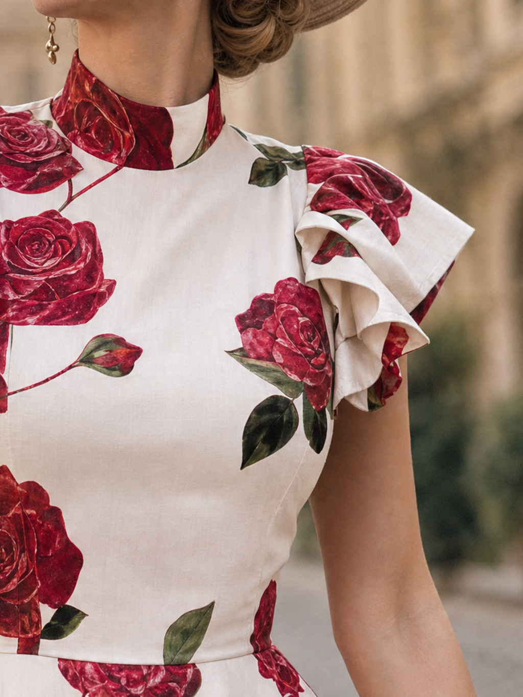 Vintage Red Rose Print Stand Collar Ruffle Shoulder Midi Dress