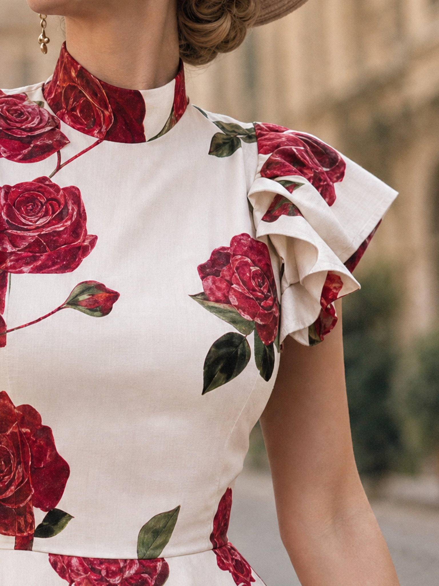 Vintage Red Rose Print Stand Collar Ruffle Shoulder Midi Dress