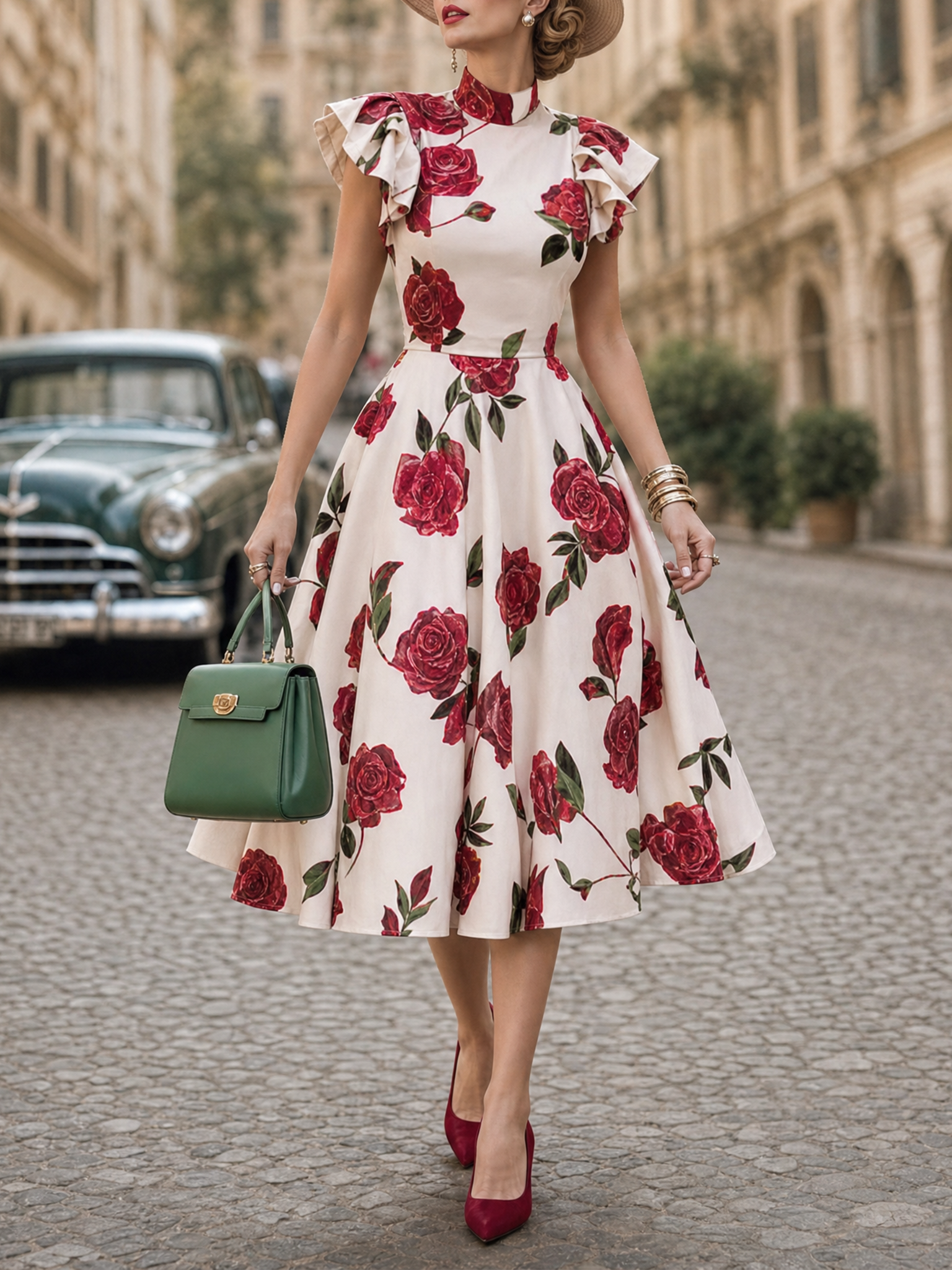 Vintage Red Rose Print Stand Collar Ruffle Shoulder Midi Dress