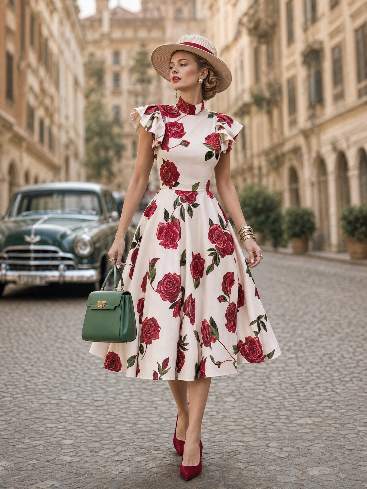 Vintage Red Rose Print Stand Collar Ruffle Shoulder Midi Dress