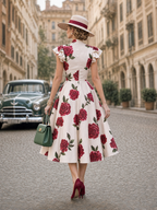 Vintage Red Rose Print Stand Collar Ruffle Shoulder Midi Dress