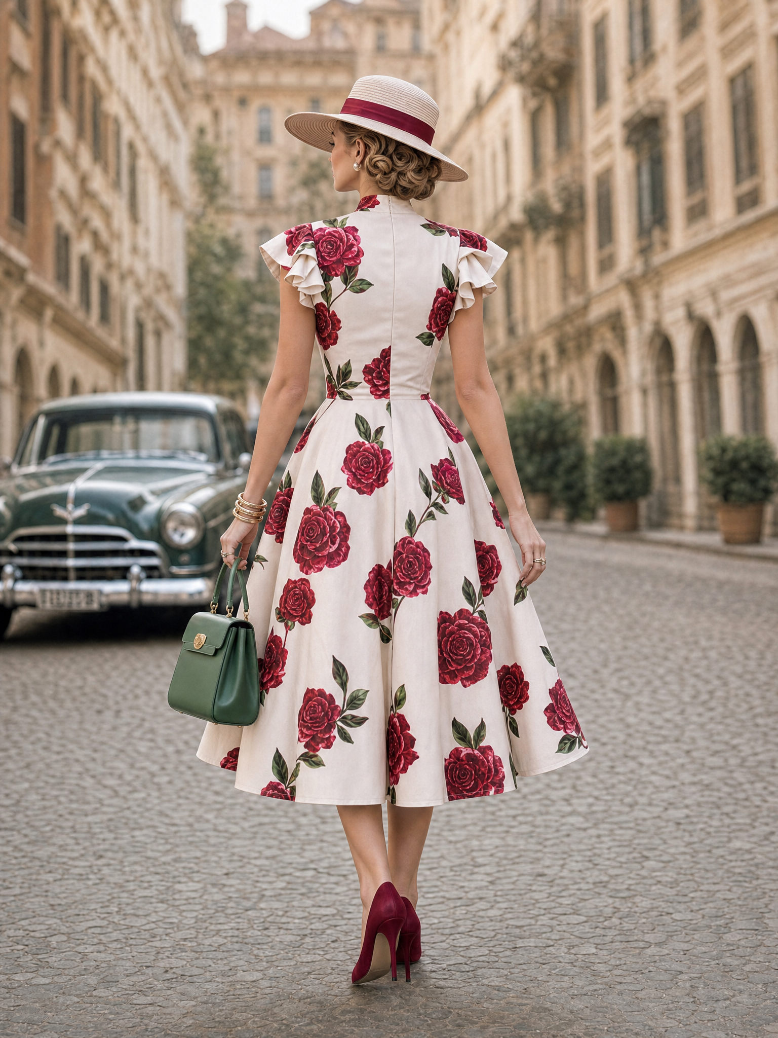 Vintage Red Rose Print Stand Collar Ruffle Shoulder Midi Dress