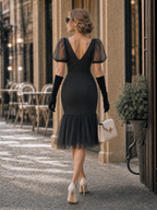 Vintage Mesh Ruffle Hem Cocktail Bodycon Midi Dress