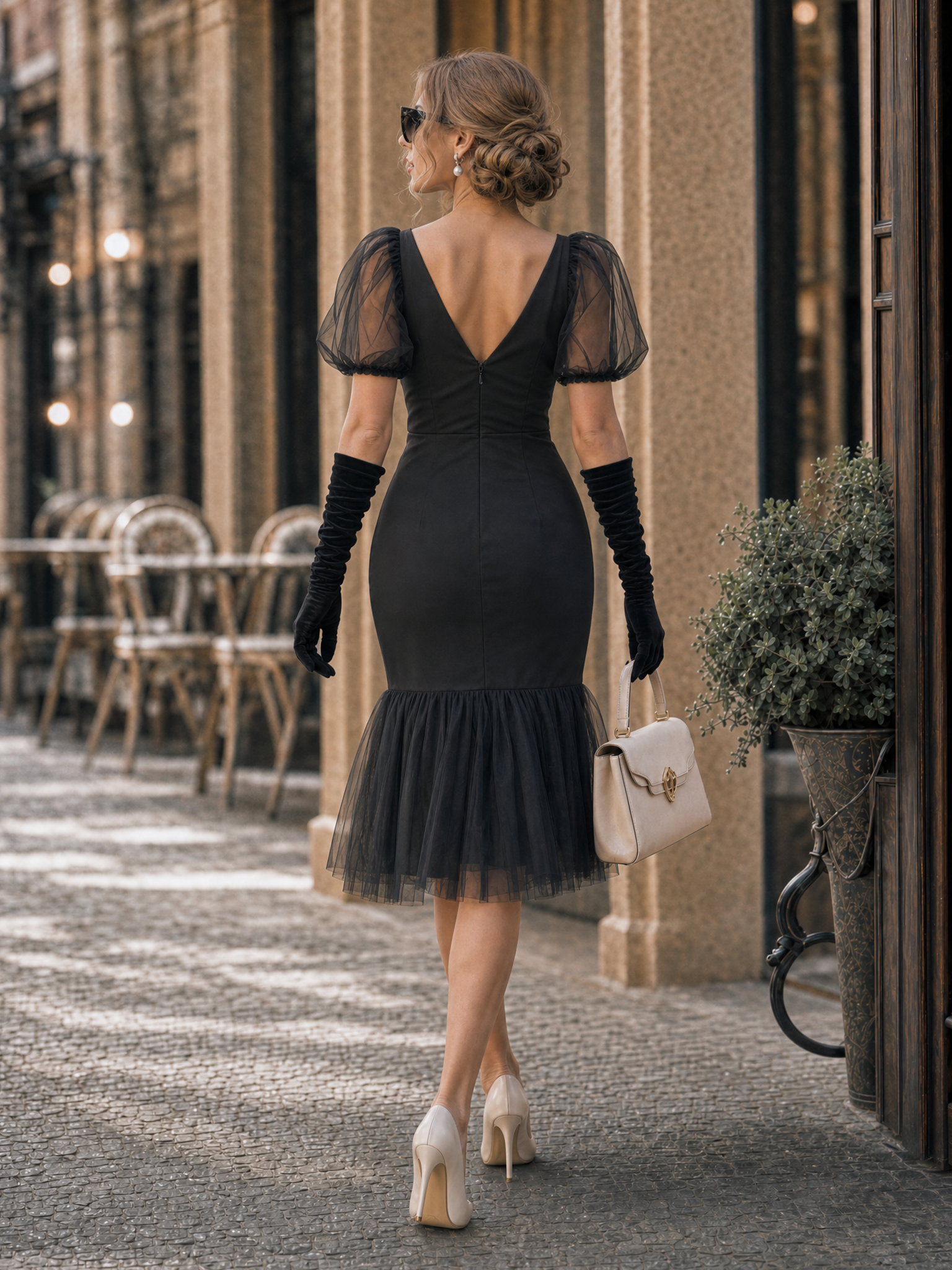 Vintage Mesh Ruffle Hem Cocktail Bodycon Midi Dress