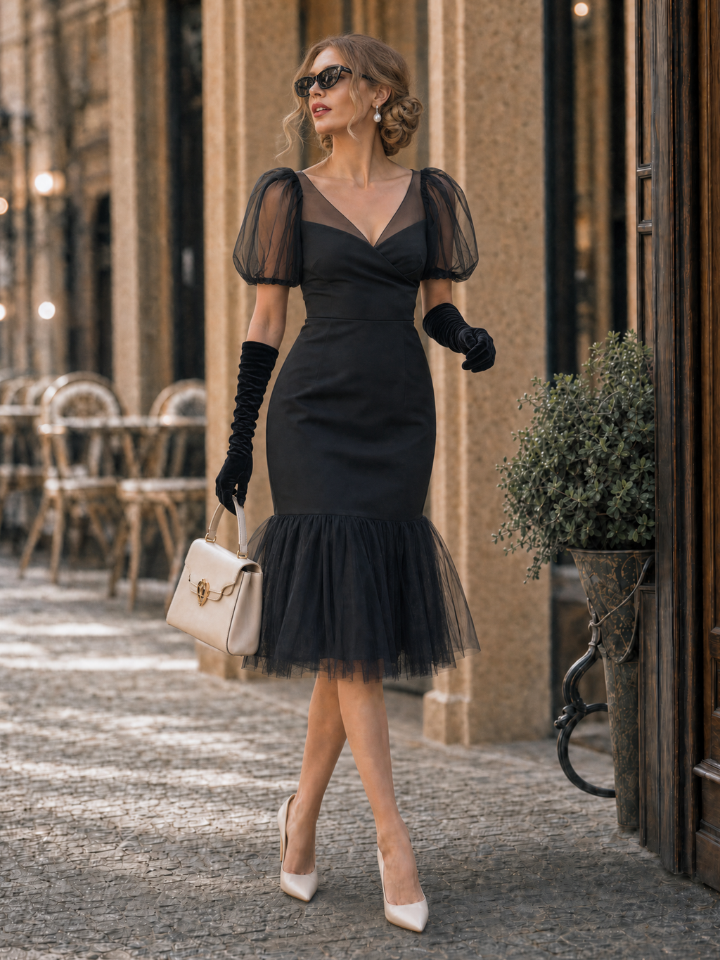 Vintage Mesh Ruffle Hem Cocktail Bodycon Midi Dress