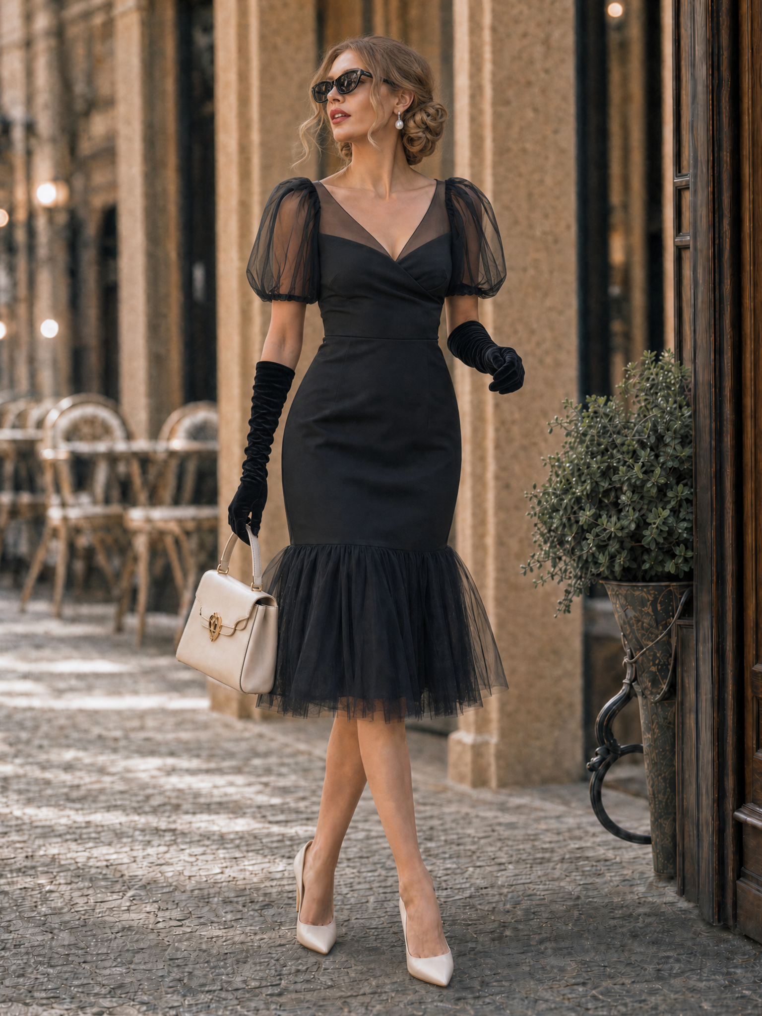 Vintage Mesh Ruffle Hem Cocktail Bodycon Midi Dress