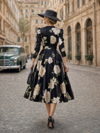Vintage Black Satin White Rose Midi Tea Party Midi Dress