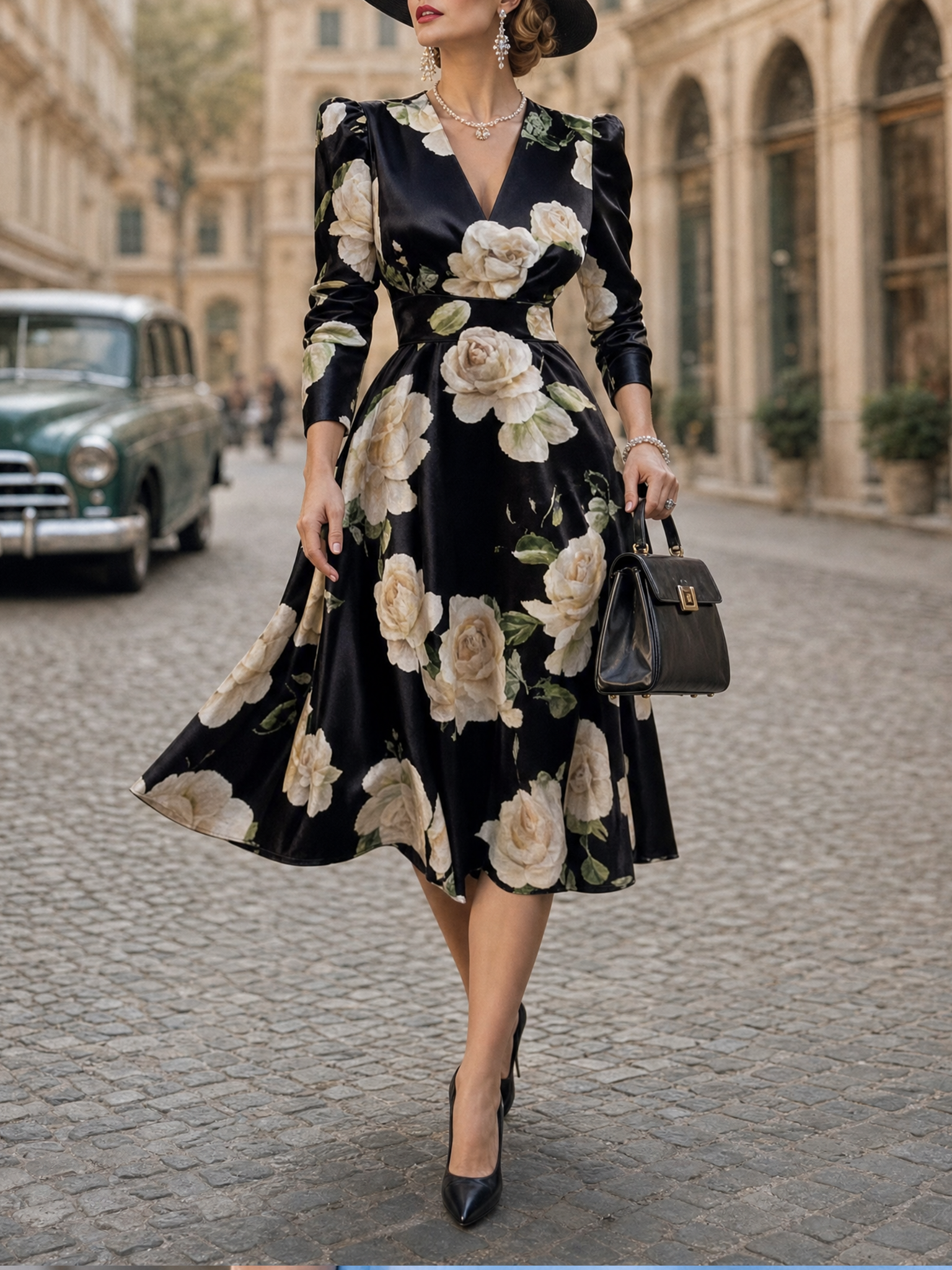 Vintage Black Satin White Rose Midi Tea Party Midi Dress
