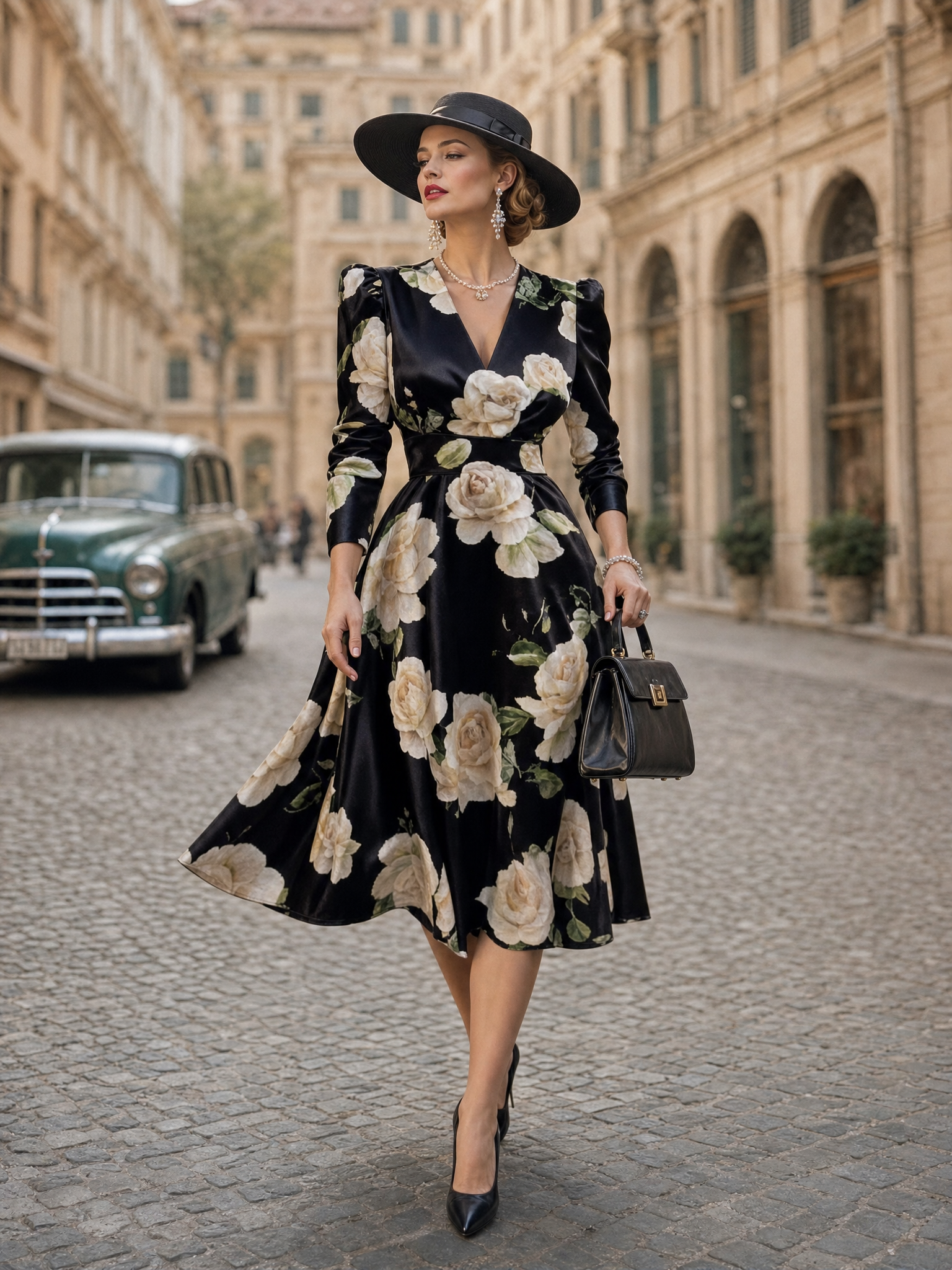 Vintage Black Satin White Rose Midi Tea Party Midi Dress