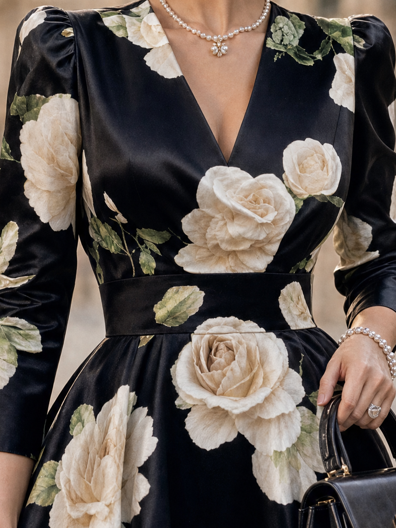 Vintage Black Satin White Rose Midi Tea Party Midi Dress