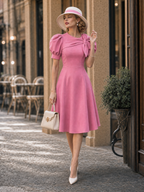 Vintage Pink Bow Puff Sleeve Midi Tea Party Midi Dress