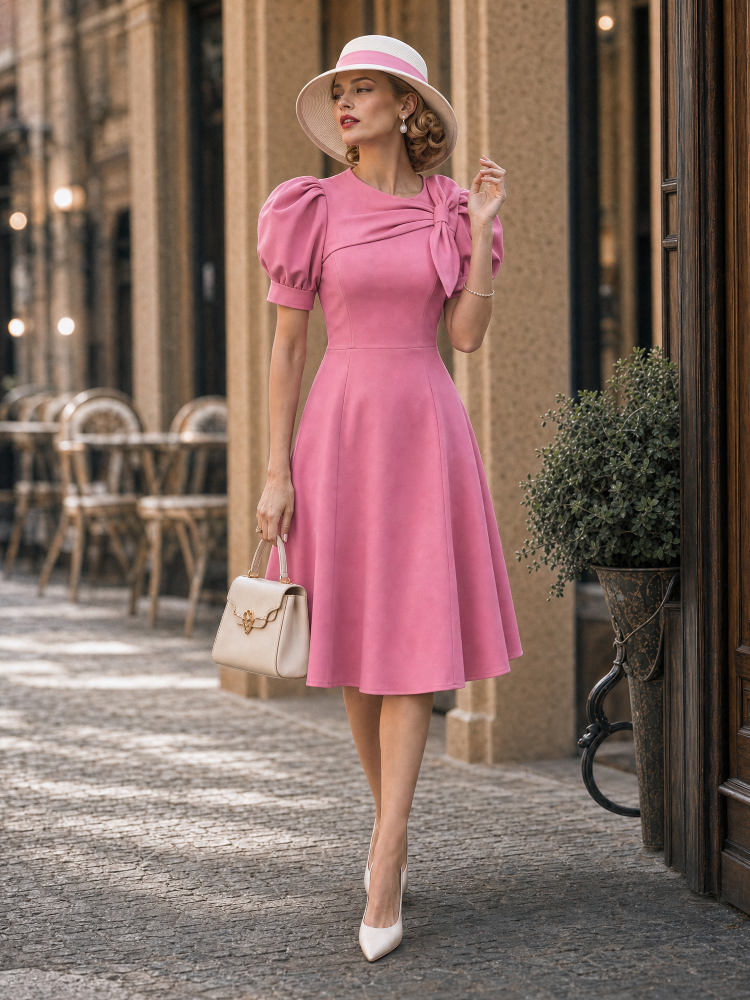 Vintage Pink Bow Puff Sleeve Midi Tea Party Midi Dress