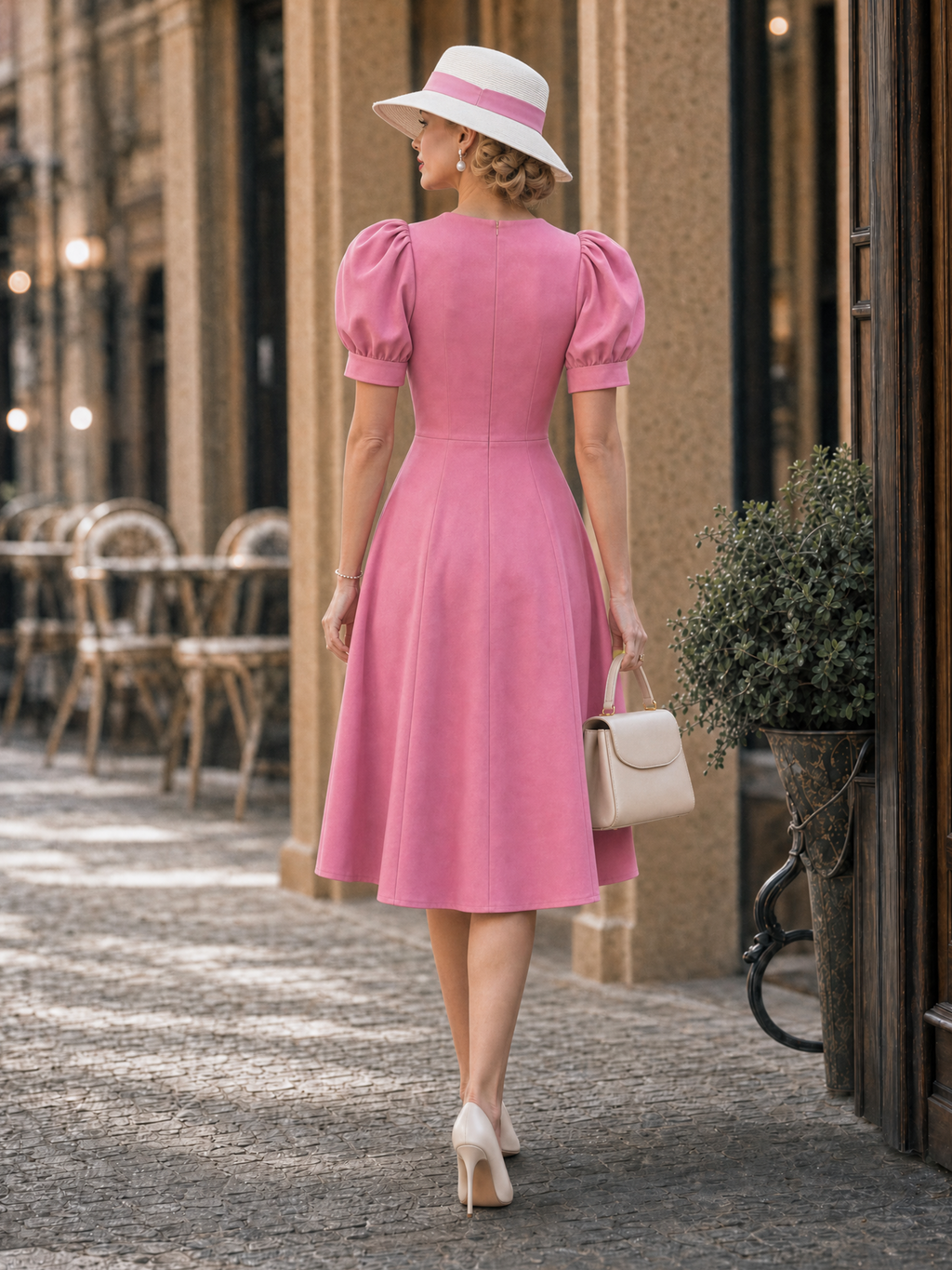 Vintage Pink Bow Puff Sleeve Midi Tea Party Midi Dress