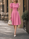 Vintage Pink Bow Puff Sleeve Midi Tea Party Midi Dress