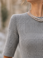 Vintage Check Sophisticated Fitted Waist Mid-Sleeve Blouse
