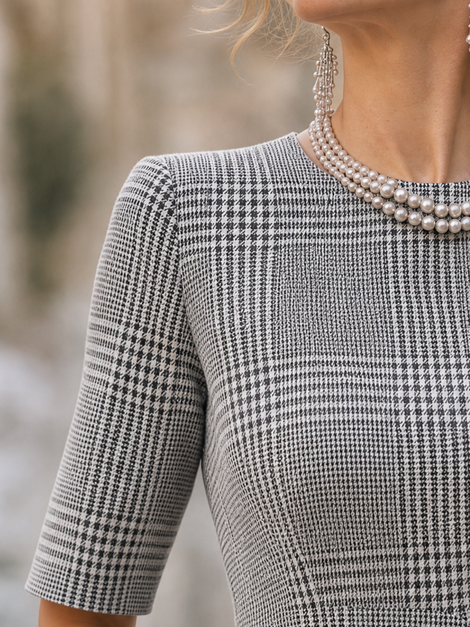 Vintage Check Sophisticated Fitted Waist Mid-Sleeve Blouse