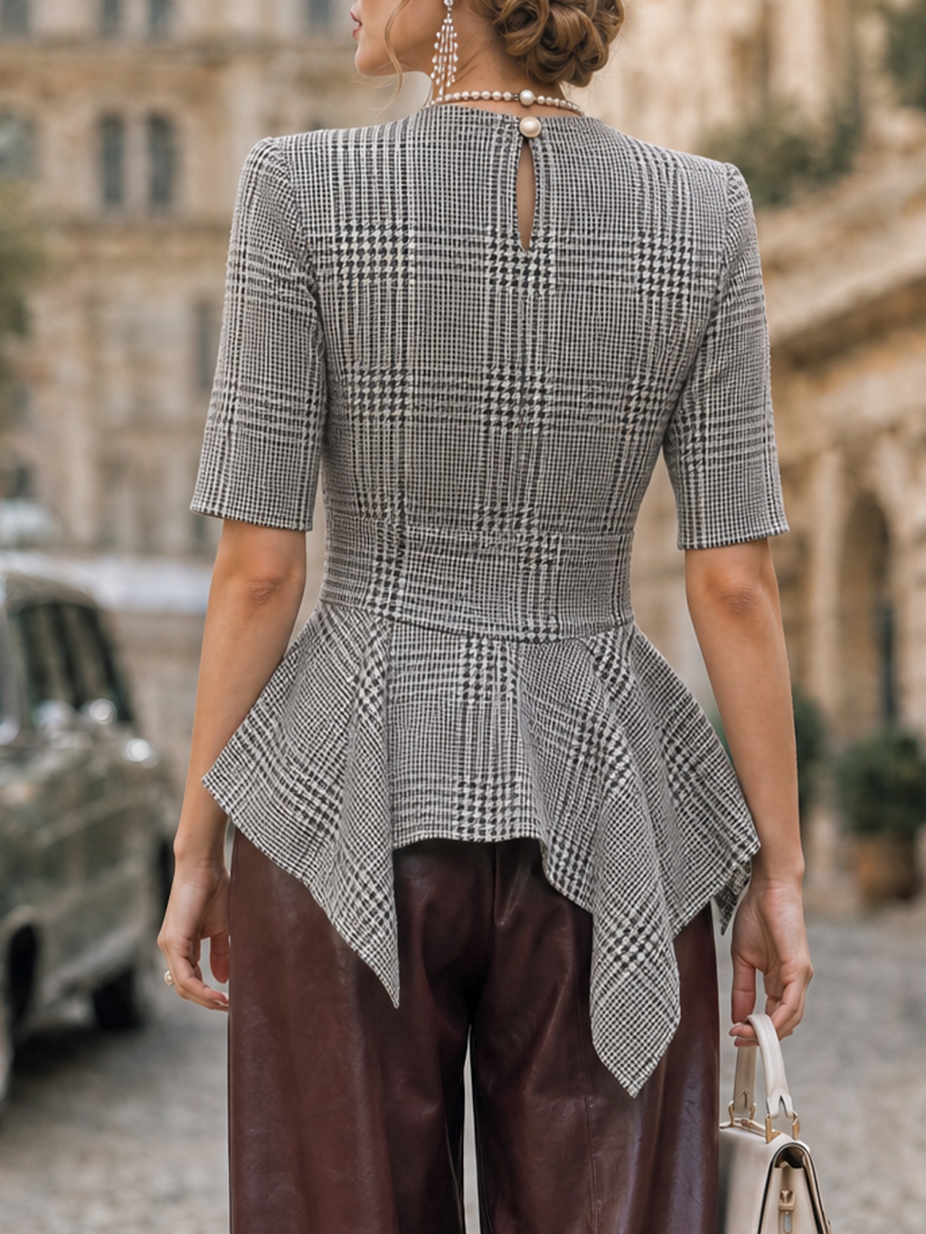 Vintage Check Sophisticated Fitted Waist Mid-Sleeve Blouse
